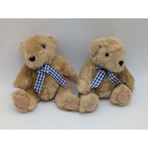 Child World Brown Bear Plush Checkered Bow Lot of 2 7 Inch Stuffed Animal Toy